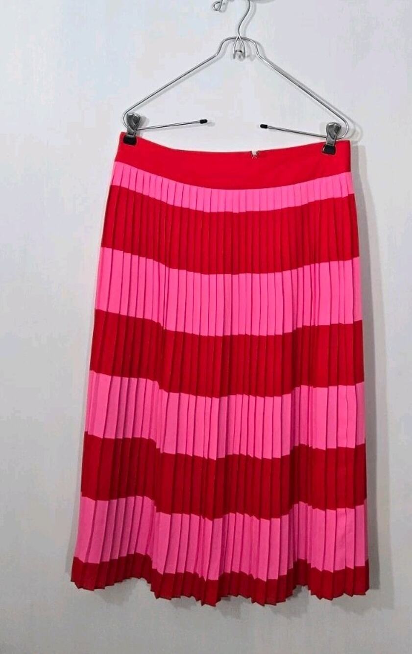 J.CREW Women's Pleated Midi Skirt Red Pink Stripe Size 4 colorblock preppy lux